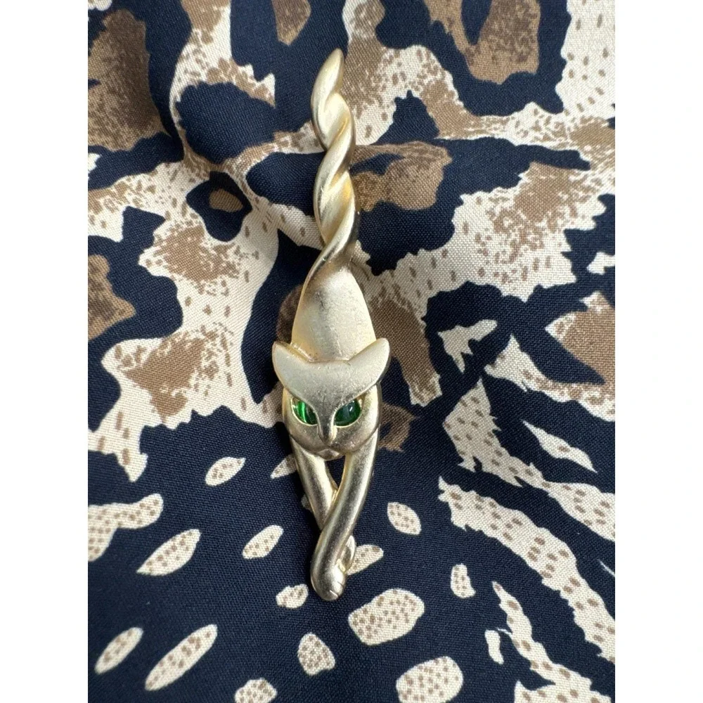 CAJC Brooch Women‎ Gold Excellent Vintage Stylized Cat Green Eyes Pin Whimsigoth